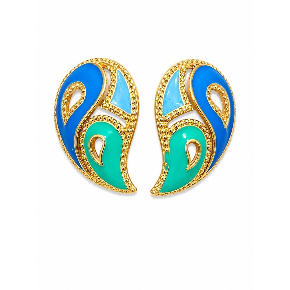Vintage Signed Avon Blue Green Enamel‎ Paisley Post Earrings Gold Tone 1980s